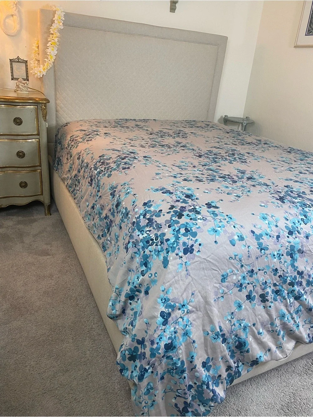 Floral Teal blue and turquoise flowers on a grey background Duvet Cover